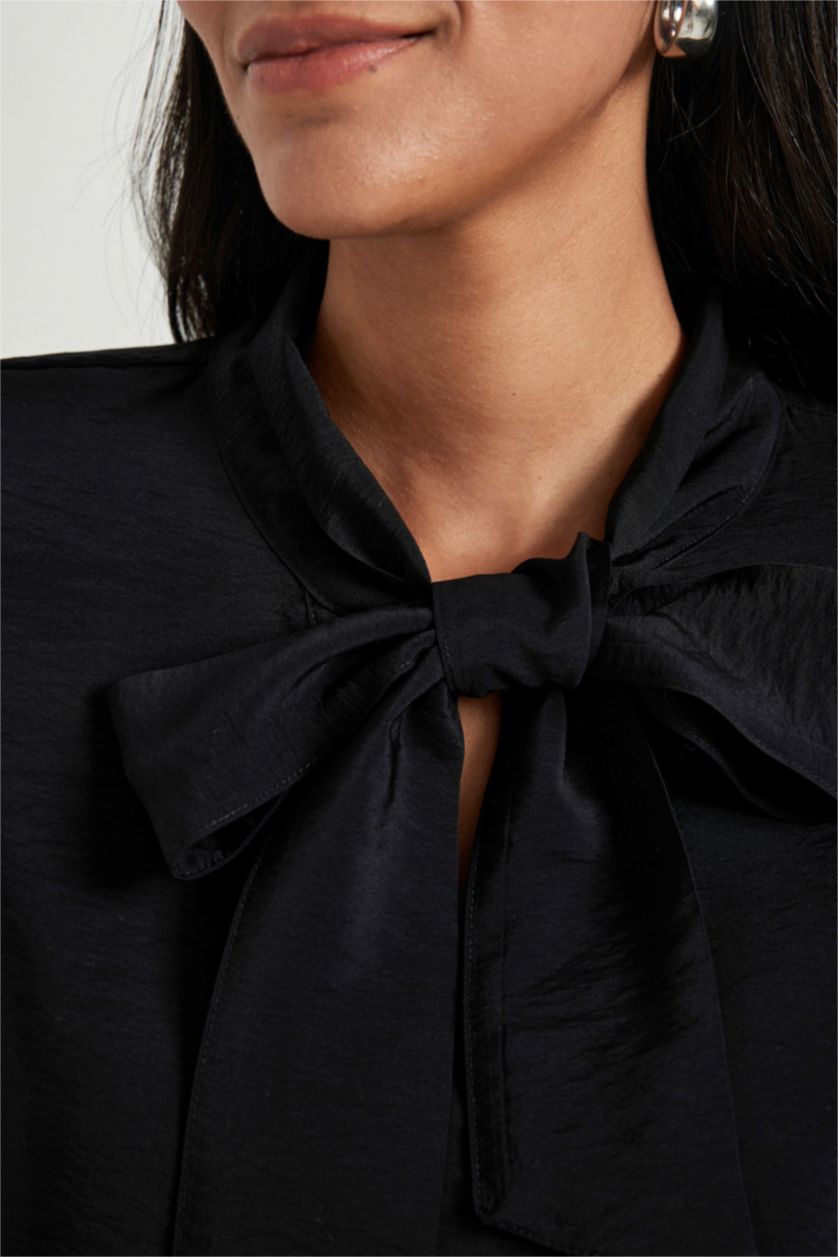 WOMAN Black Regular Fit Bowtie Long Sleeve Blouse