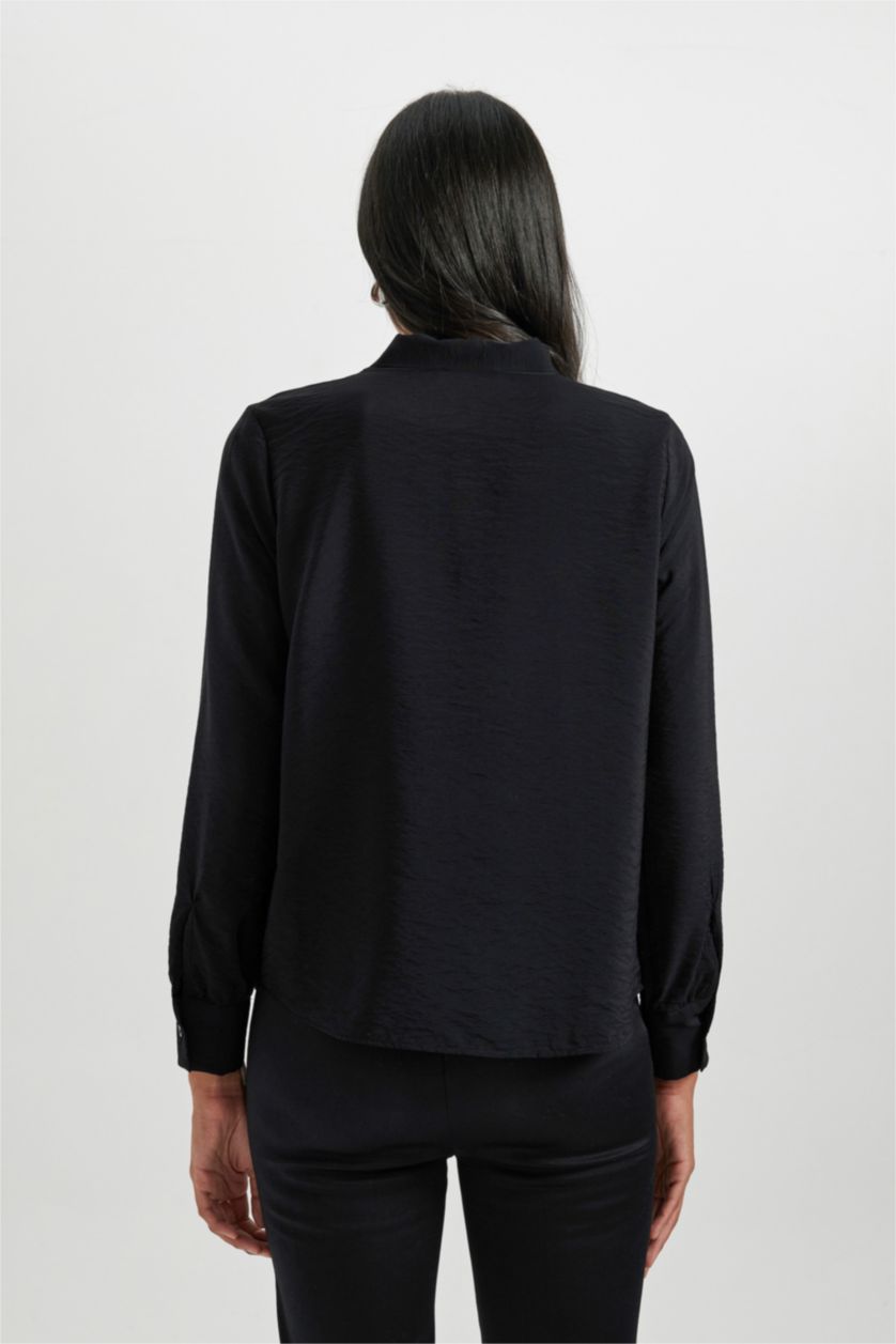 WOMAN Black Regular Fit Bowtie Long Sleeve Blouse