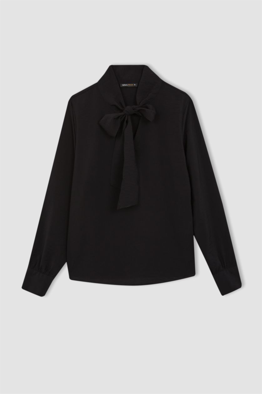 WOMAN Black Regular Fit Bowtie Long Sleeve Blouse