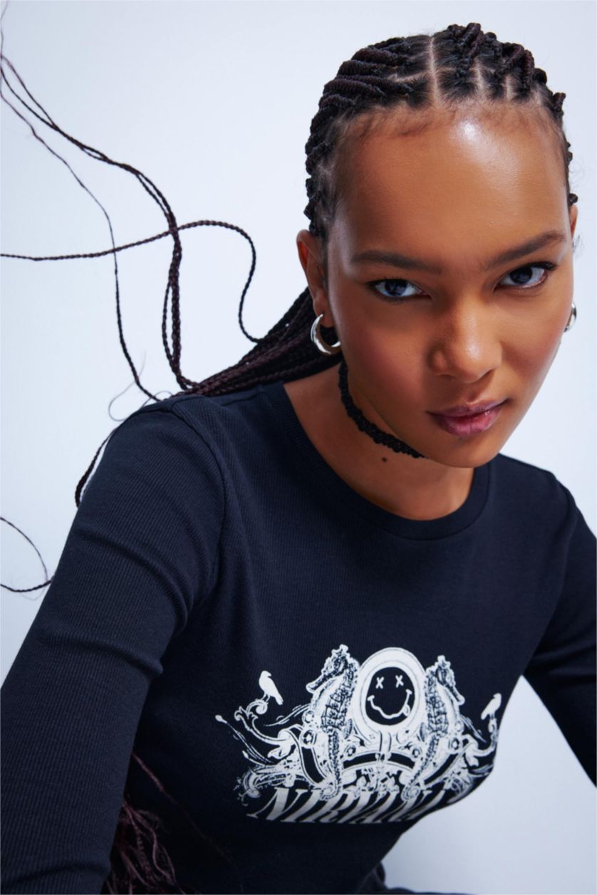 WOMAN Black Nirvana Fitted Crew Neck Printed Long Sleeve T-Shirt