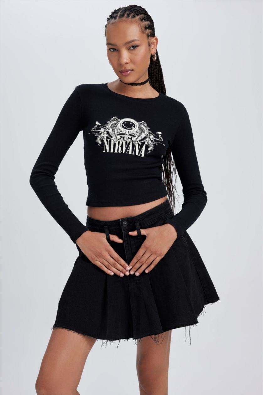 WOMAN Black Nirvana Fitted Crew Neck Printed Long Sleeve T-Shirt