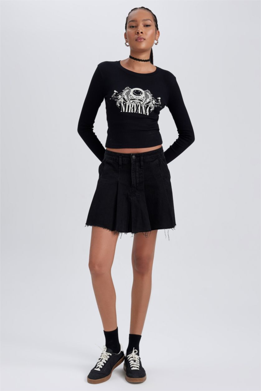 WOMAN Black Nirvana Fitted Crew Neck Printed Long Sleeve T-Shirt