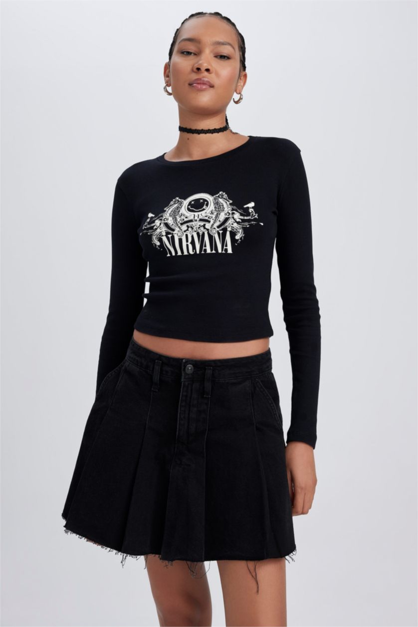 WOMAN Black Nirvana Fitted Crew Neck Printed Long Sleeve T-Shirt