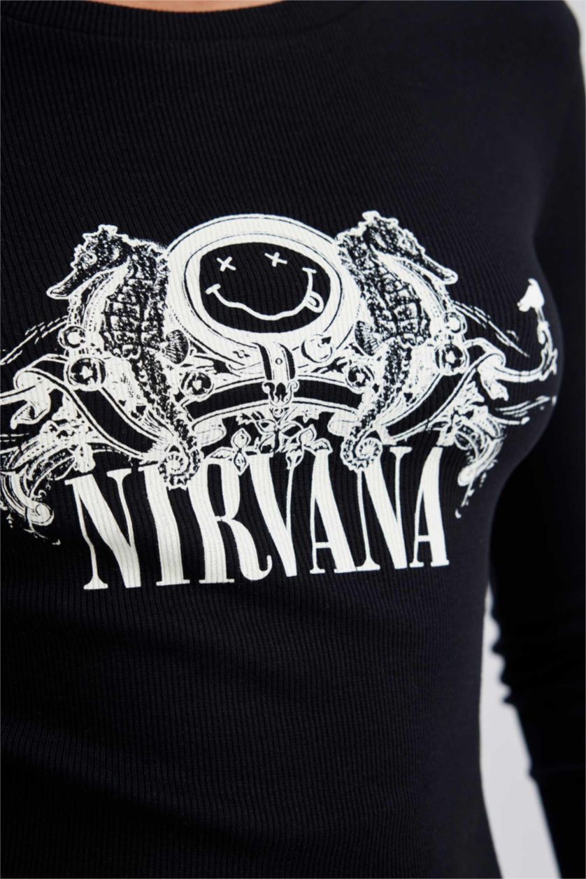 WOMAN Black Nirvana Fitted Crew Neck Printed Long Sleeve T-Shirt