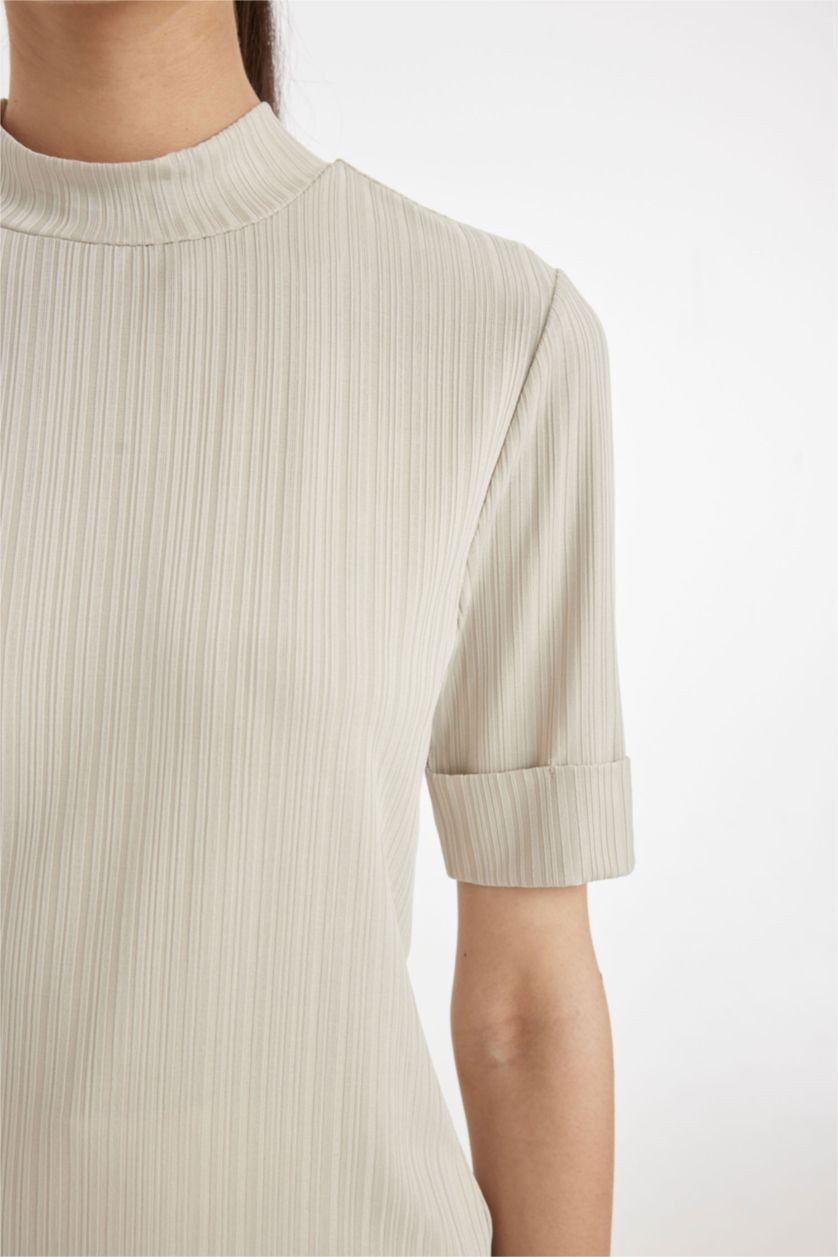 Kadın Bej Yarım Balıkçı Yaka Smart Fitilli Kaşkorse Basıc Tişört