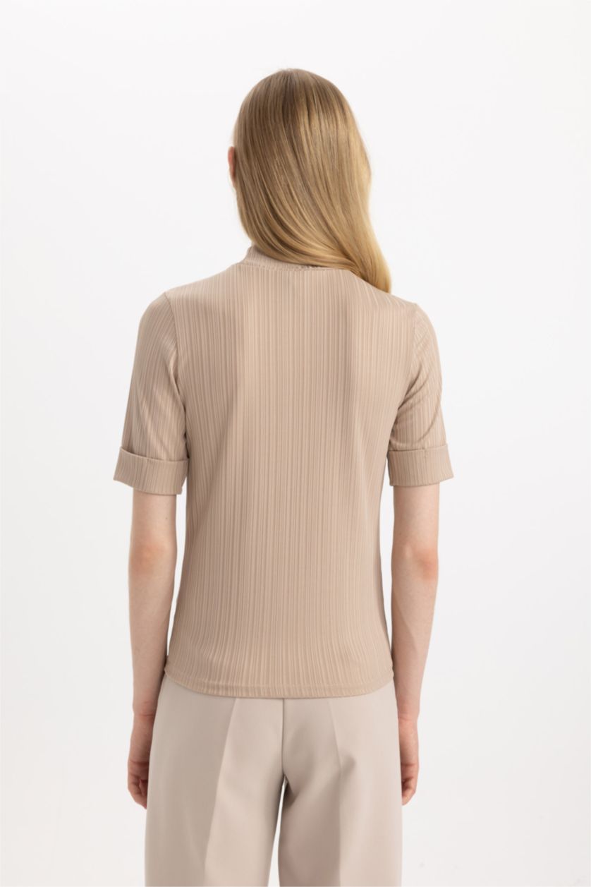 Kadın Taş Regular Fıt Yarım Balıkçı Yaka Fitilli Kaşkorse Kısa Kollu Tişört