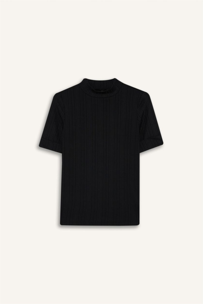 WOMAN Black Regular Fit Half Turtleneck Camisole Short Sleeve T-Shirt