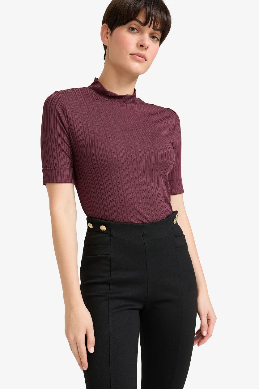 Woman Rose تيشيرت نص ردن قصة عادية مضلع بياخة عالية