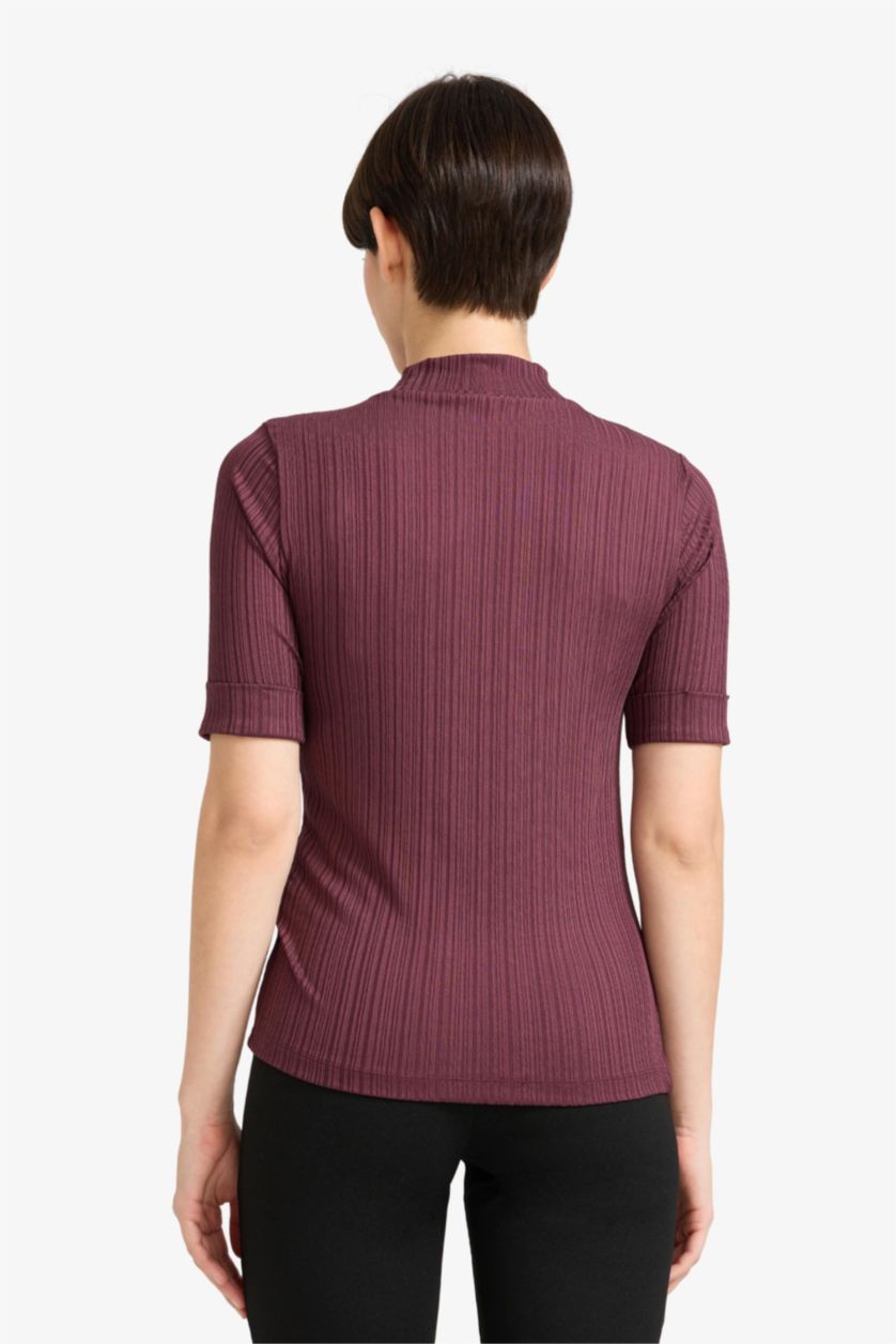 Woman Rose تيشيرت نص ردن قصة عادية مضلع بياخة عالية