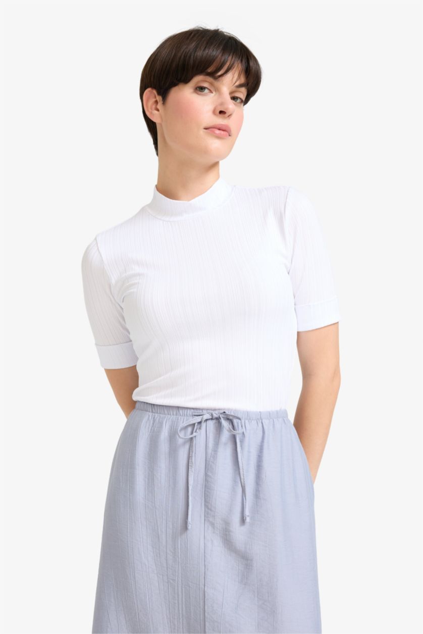 WOMAN Ecru Regular Fit Half Turtleneck Smart Corduroy T-Shirt