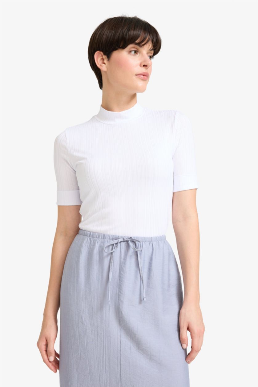 WOMAN Ecru Regular Fit Half Turtleneck Smart Corduroy T-Shirt