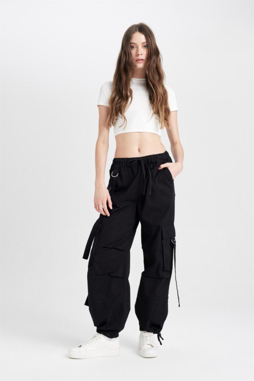 Kadın Siyah Wide Leg Gabardin Pantolon Geniş Paça Normal Bel Basic Düz  Bağcıklı Kargo Cepli