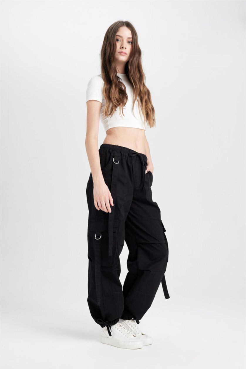 Kadın Siyah Wide Leg Gabardin Pantolon Geniş Paça Normal Bel Basic Düz  Bağcıklı Kargo Cepli