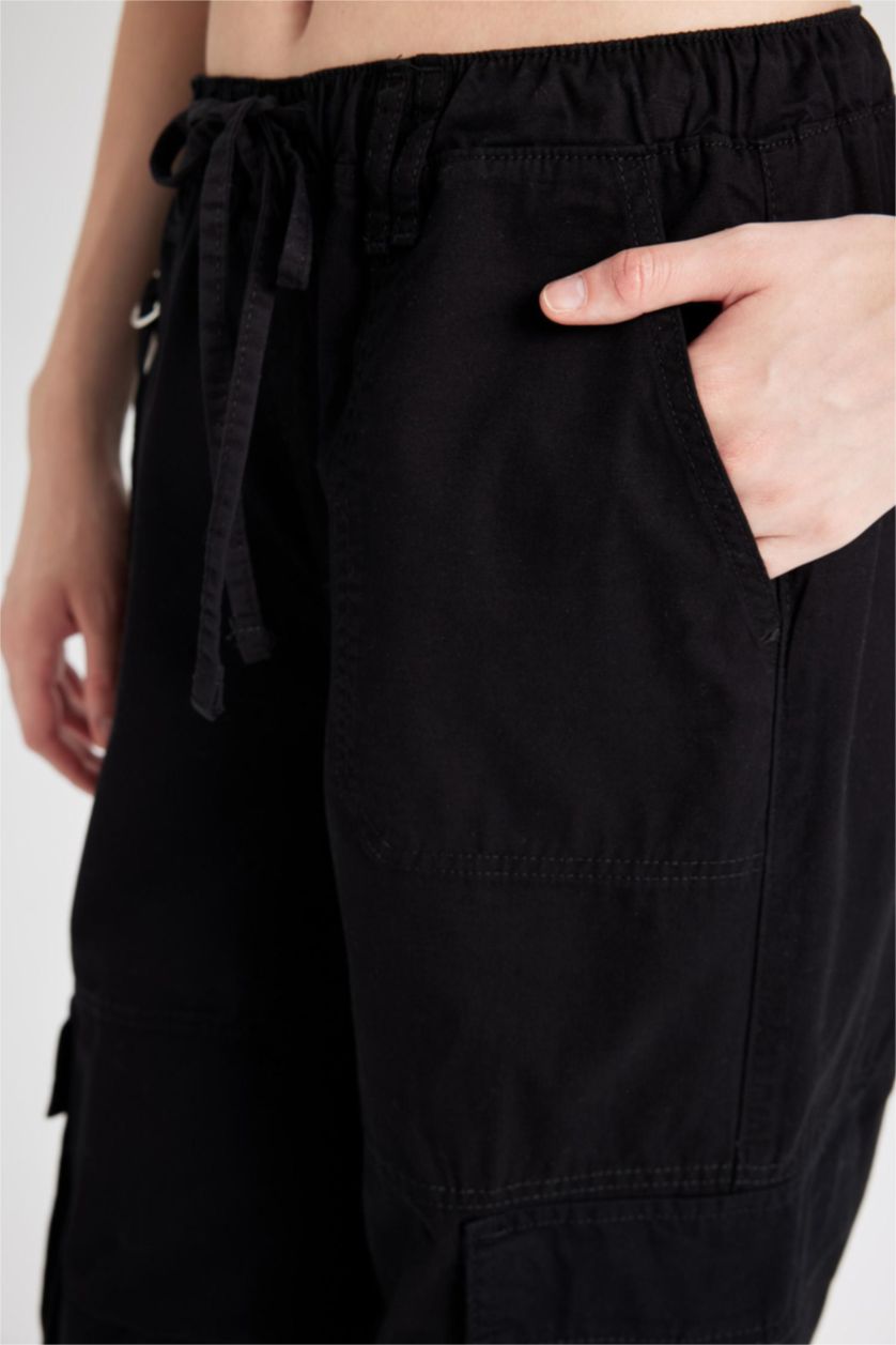 Kadın Siyah Wide Leg Gabardin Pantolon Geniş Paça Normal Bel Basic Düz  Bağcıklı Kargo Cepli