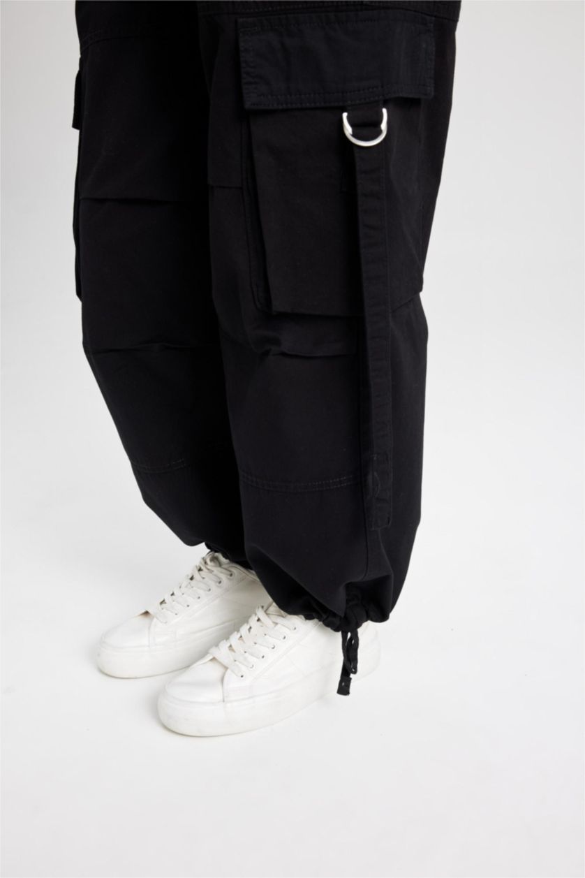 Kadın Siyah Wide Leg Gabardin Pantolon Geniş Paça Normal Bel Basic Düz  Bağcıklı Kargo Cepli