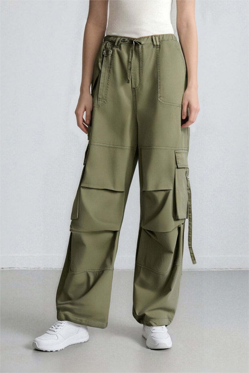 WOMAN Khaki Wide Leg Cargo Gabardine Trousers