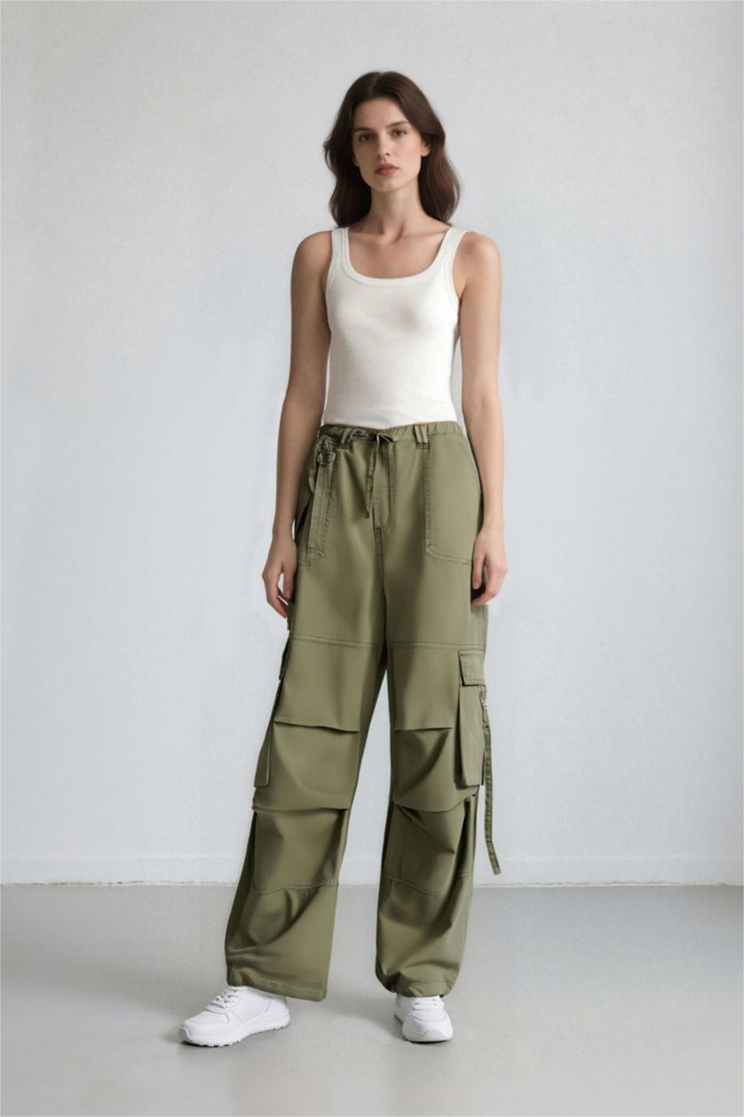 WOMAN Khaki Wide Leg Cargo Gabardine Trousers
