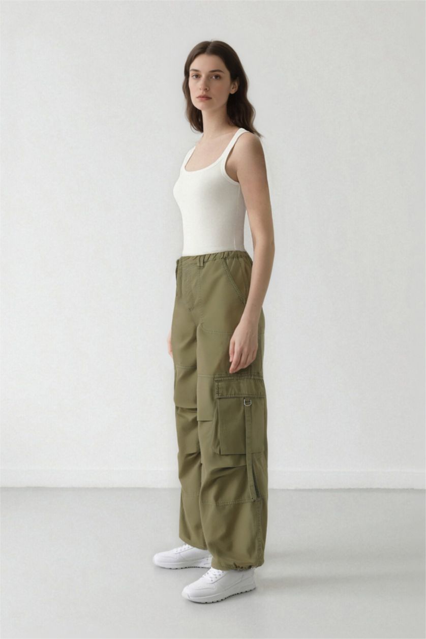 WOMAN Khaki Wide Leg Cargo Gabardine Trousers