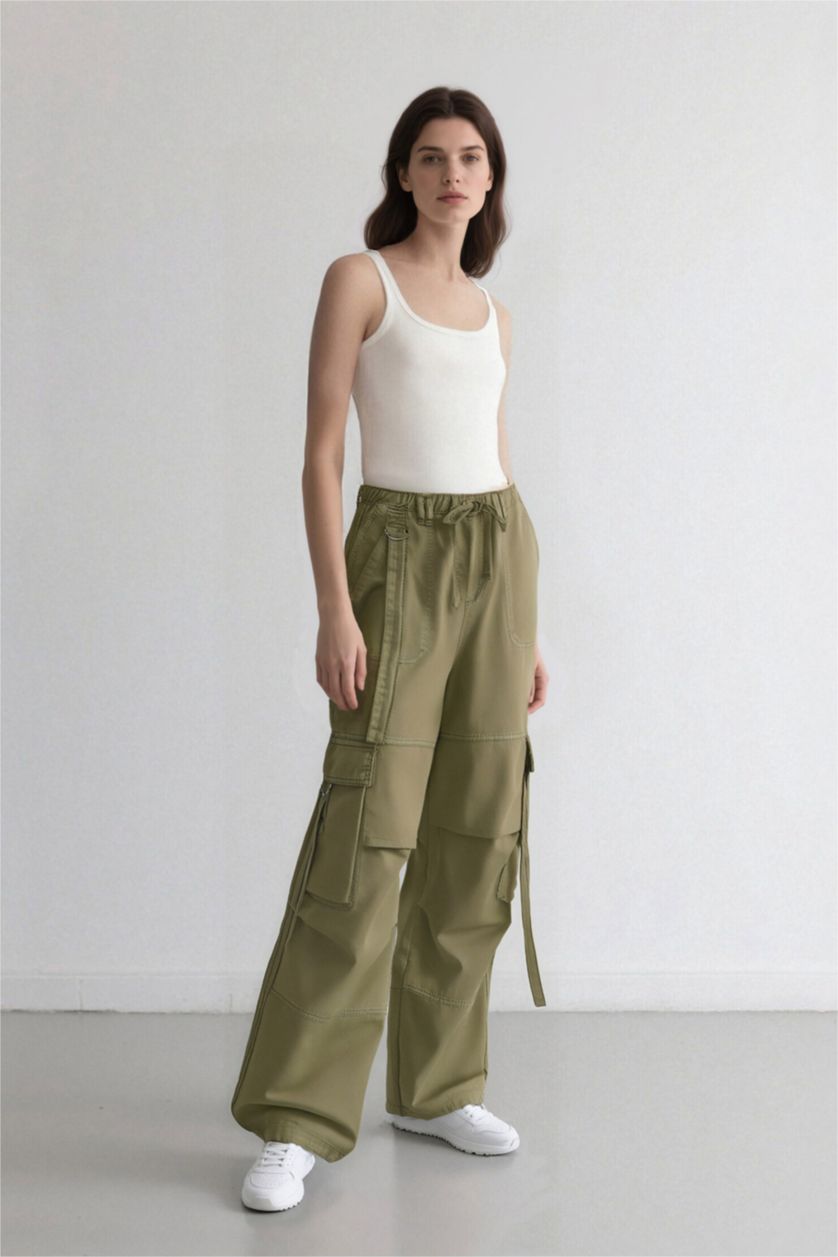 WOMAN Khaki Wide Leg Cargo Gabardine Trousers