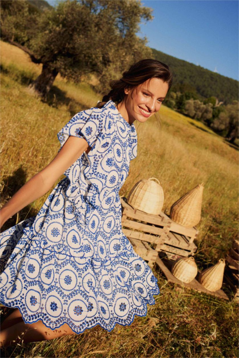 Kadın Mavi Lug Von Siga x DeFacto Hakim Yaka Desenli Vual Kısa Kollu Mini Elbise