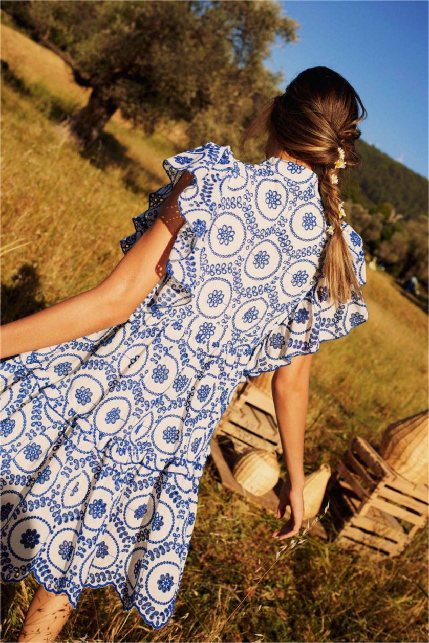 Kadın Mavi Lug Von Siga x DeFacto Hakim Yaka Desenli Vual Kısa Kollu Mini Elbise