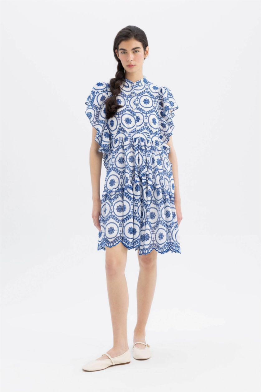 Kadın Mavi Lug Von Siga x DeFacto Hakim Yaka Desenli Vual Kısa Kollu Mini Elbise