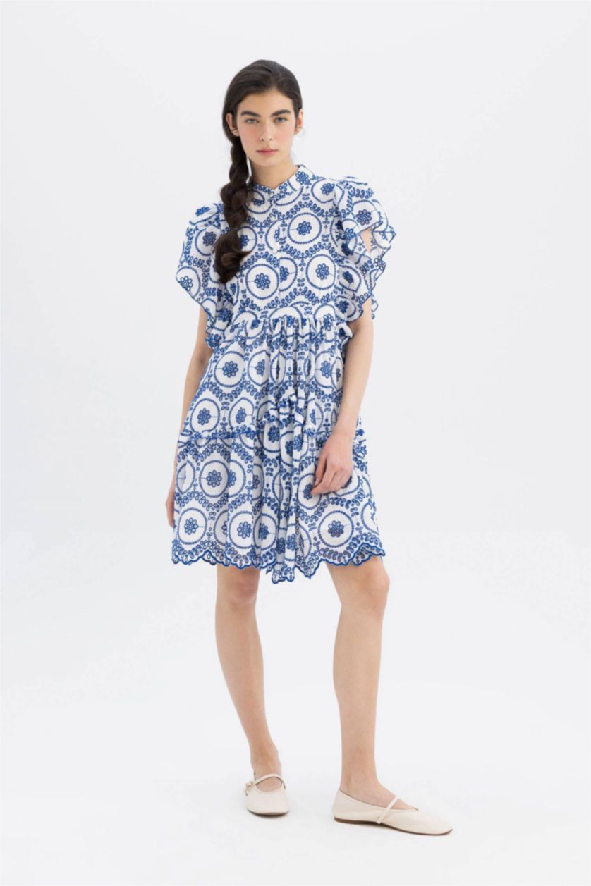 Kadın Mavi Lug Von Siga x DeFacto Hakim Yaka Desenli Vual Kısa Kollu Mini Elbise
