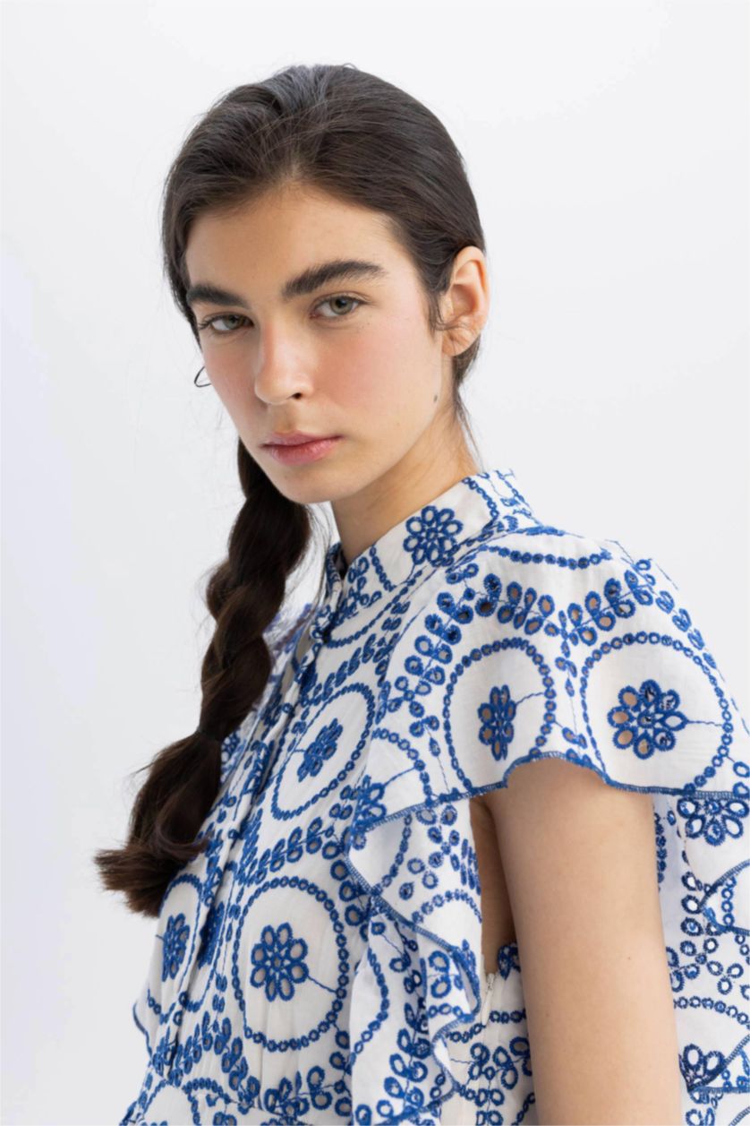 Kadın Mavi Lug Von Siga x DeFacto Hakim Yaka Desenli Vual Kısa Kollu Mini Elbise