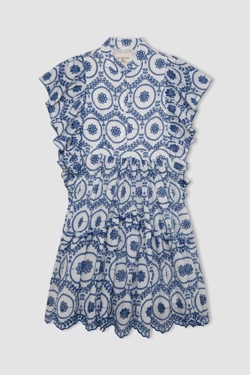 Kadın Mavi Lug Von Siga x DeFacto Hakim Yaka Desenli Vual Kısa Kollu Mini Elbise