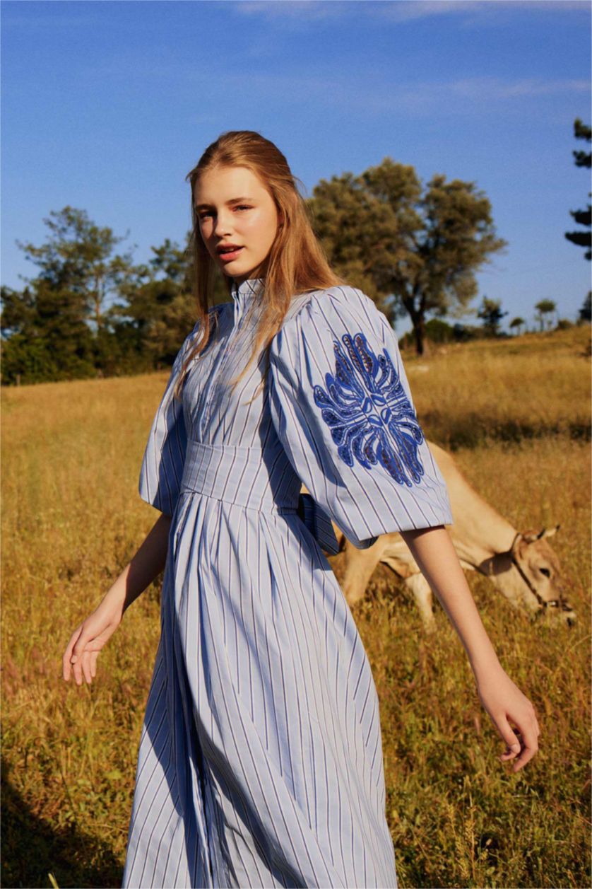 Woman Blue Grandad Collar Striped Poplin Balloon Sleeves Maxi Dress