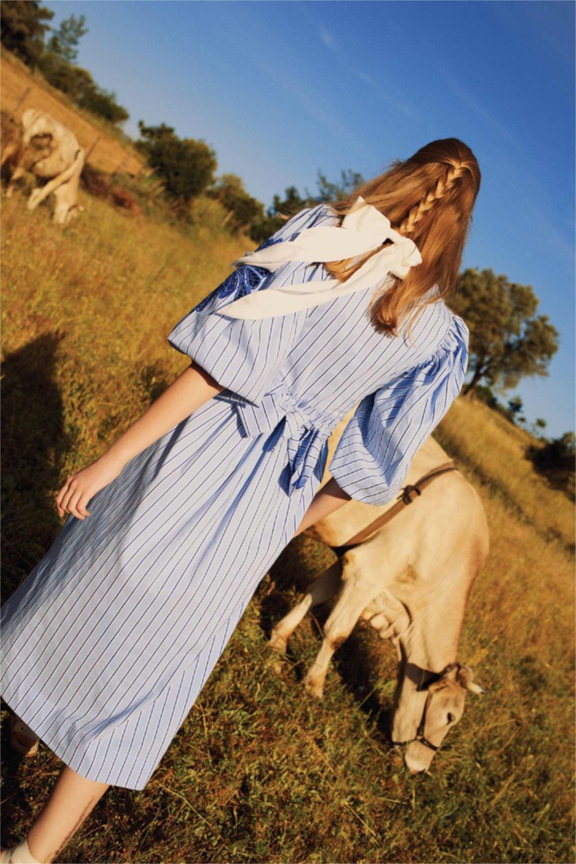 Woman Blue Grandad Collar Striped Poplin Balloon Sleeves Maxi Dress