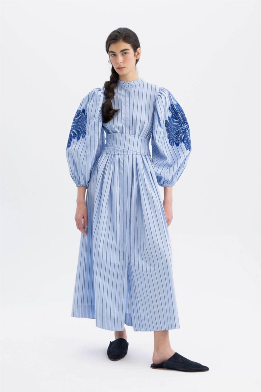 Woman Blue Grandad Collar Striped Poplin Balloon Sleeves Maxi Dress