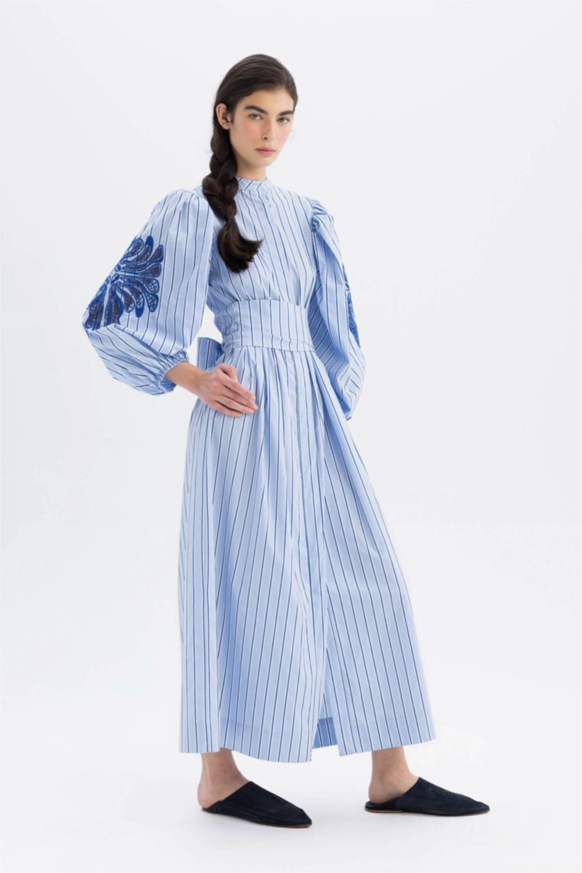 Woman Blue Grandad Collar Striped Poplin Balloon Sleeves Maxi Dress