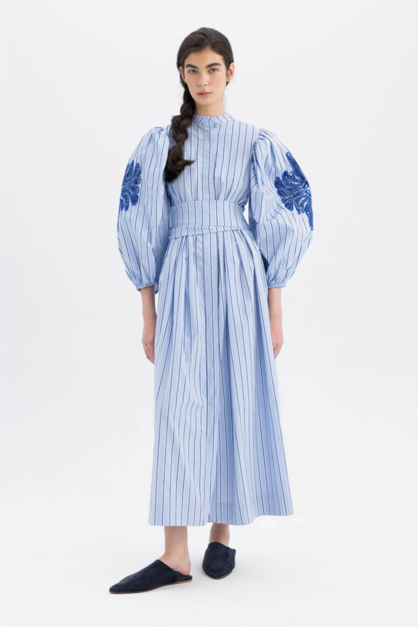 Woman Blue Grandad Collar Striped Poplin Balloon Sleeves Maxi Dress