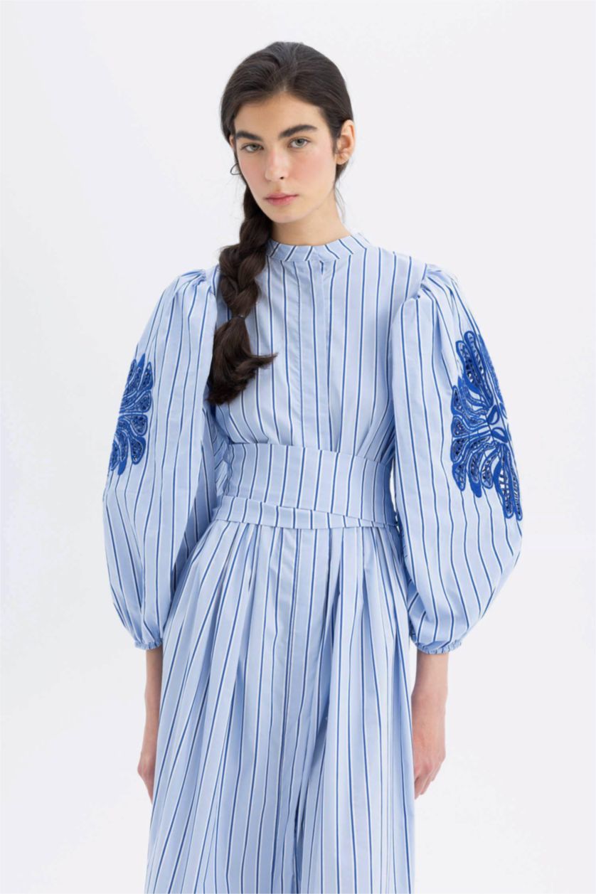 Woman Blue Grandad Collar Striped Poplin Balloon Sleeves Maxi Dress
