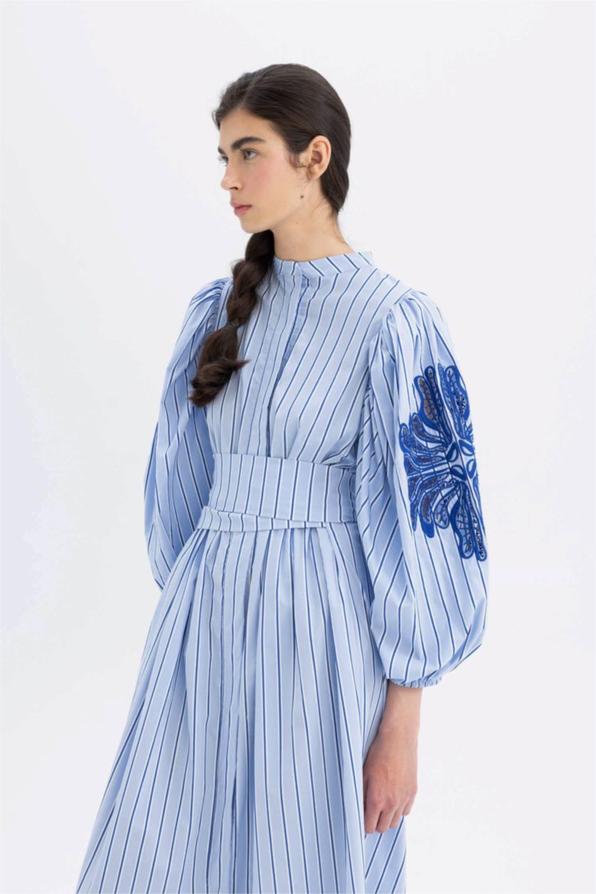Woman Blue Grandad Collar Striped Poplin Balloon Sleeves Maxi Dress
