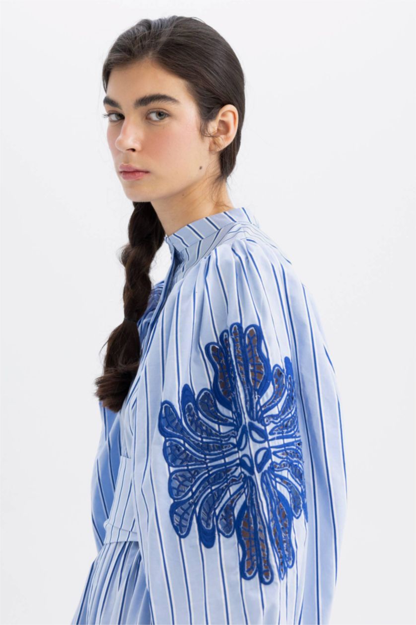 Woman Blue Grandad Collar Striped Poplin Balloon Sleeves Maxi Dress