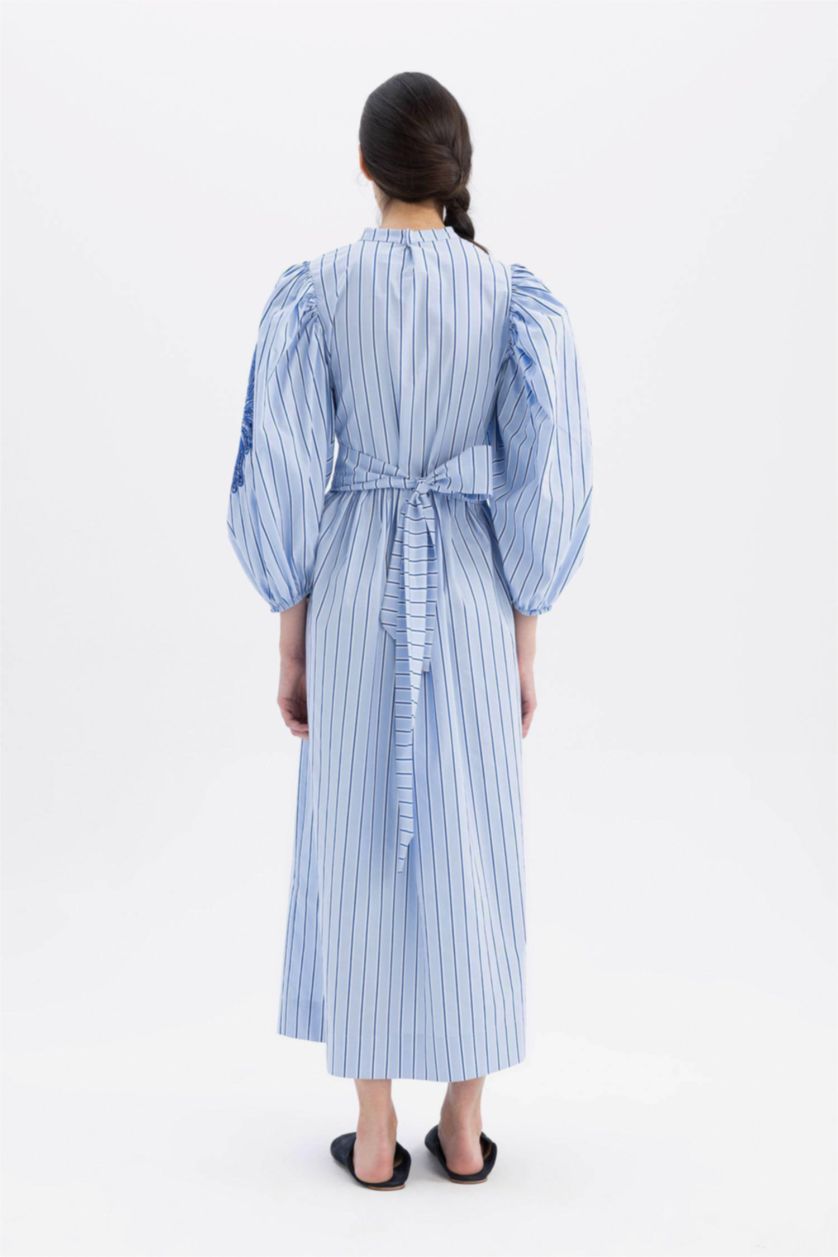 Woman Blue Grandad Collar Striped Poplin Balloon Sleeves Maxi Dress