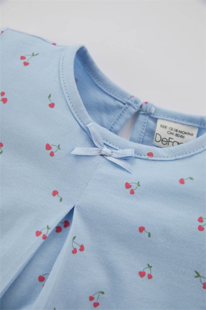 طفلة صغيرة أزرق فاتح طقم بيجاما بناتي فلورال بياقة مستديرة - قطعتين