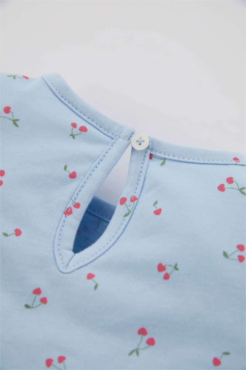 طفلة صغيرة أزرق فاتح طقم بيجاما بناتي فلورال بياقة مستديرة - قطعتين