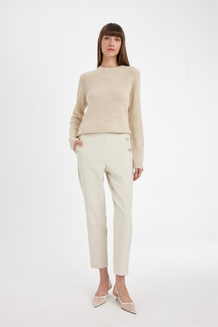 Kadın Taş Carrot Fit Havuç Kalıp Kumaş Pantolon Basic Düz Cepli Yüksek Bel Düz Paça