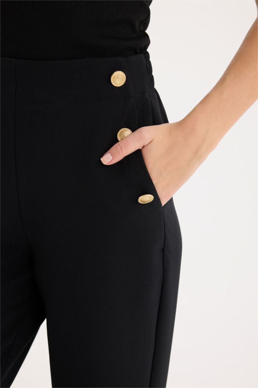 Kadın Siyah Carrot Fit Havuç Kalıp Kumaş Pantolon Basic Düz Cepli Yüksek Bel Düz Paça