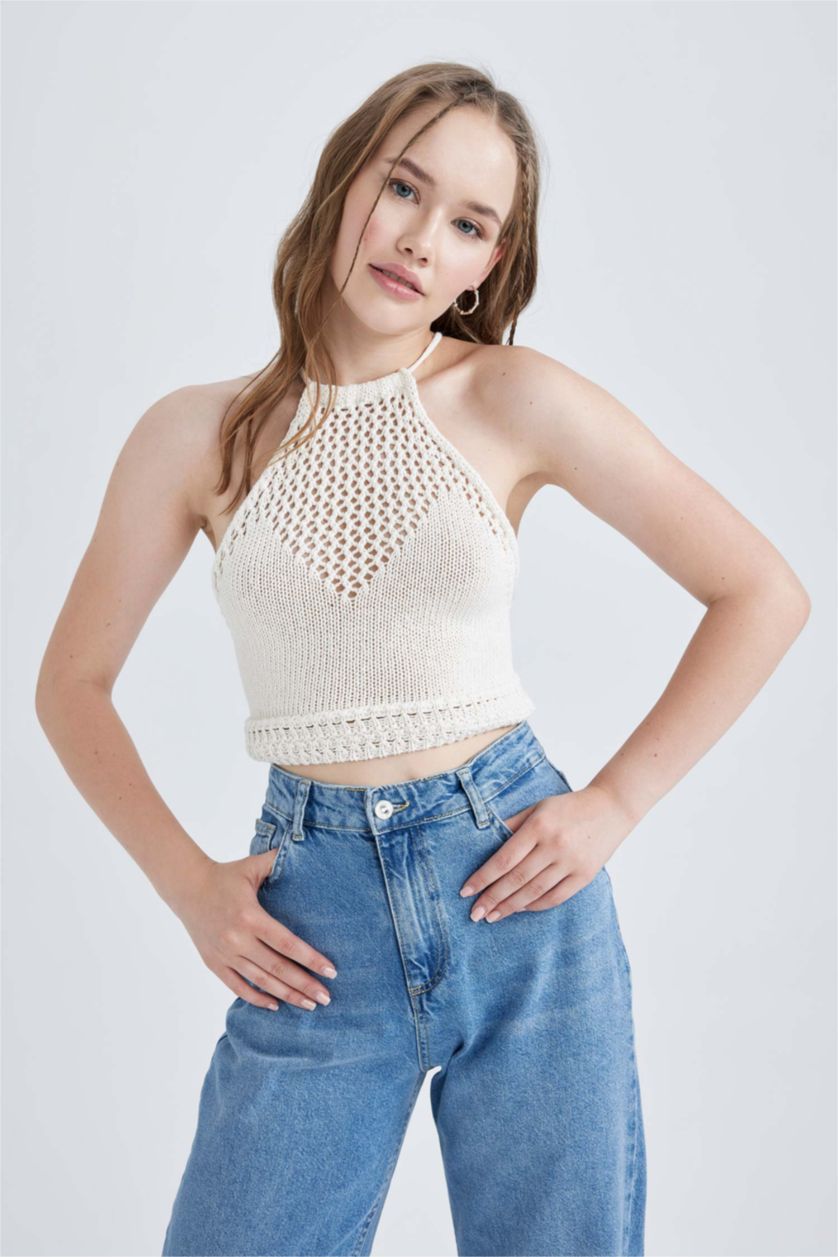 Woman Ecru Regular Fit Knitwear Halter Collar Sleeveless Tank Top