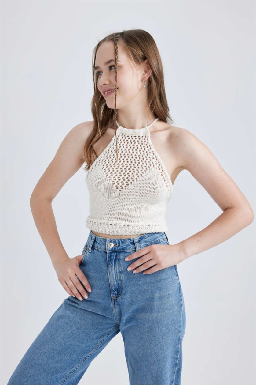 Woman Ecru Regular Fit Knitwear Halter Collar Sleeveless Tank Top