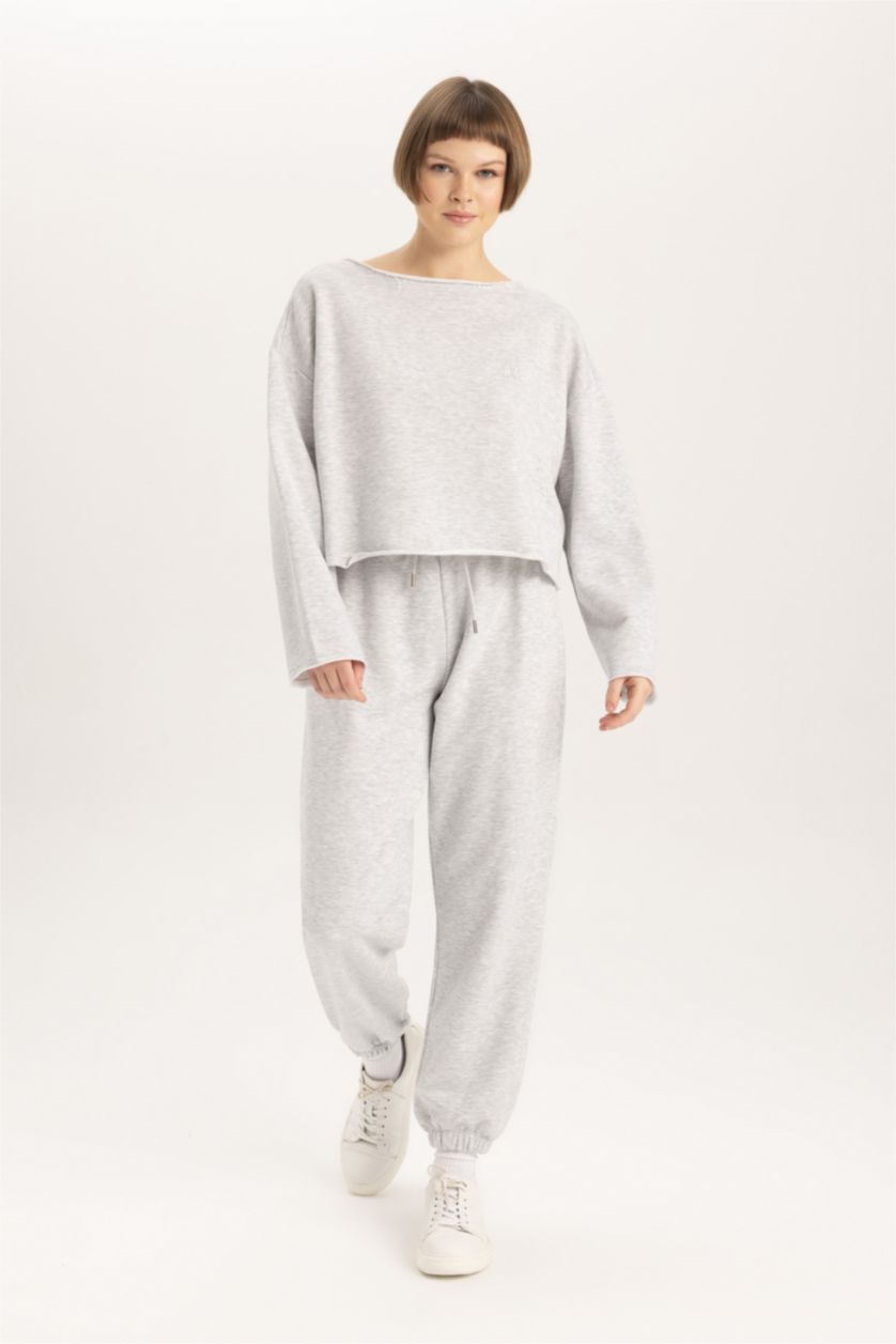 Woman Grey Melange Regular Fit Knitted Bottoms