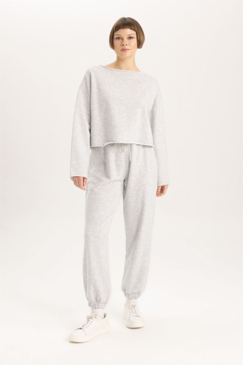 Woman Grey Melange Regular Fit Knitted Bottoms