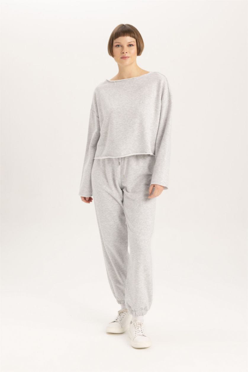 Woman Grey Melange Regular Fit Knitted Bottoms