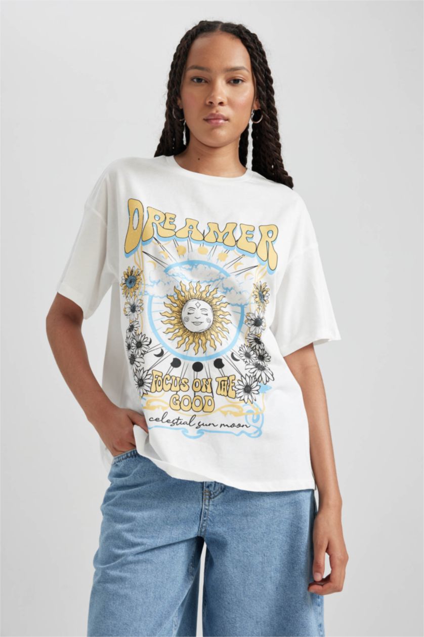 Kadın Kırık Beyaz Oversize Geniş Kalıp Bisiklet Yaka Baskılı Kısa Kollu %100 Pamuk Tişört