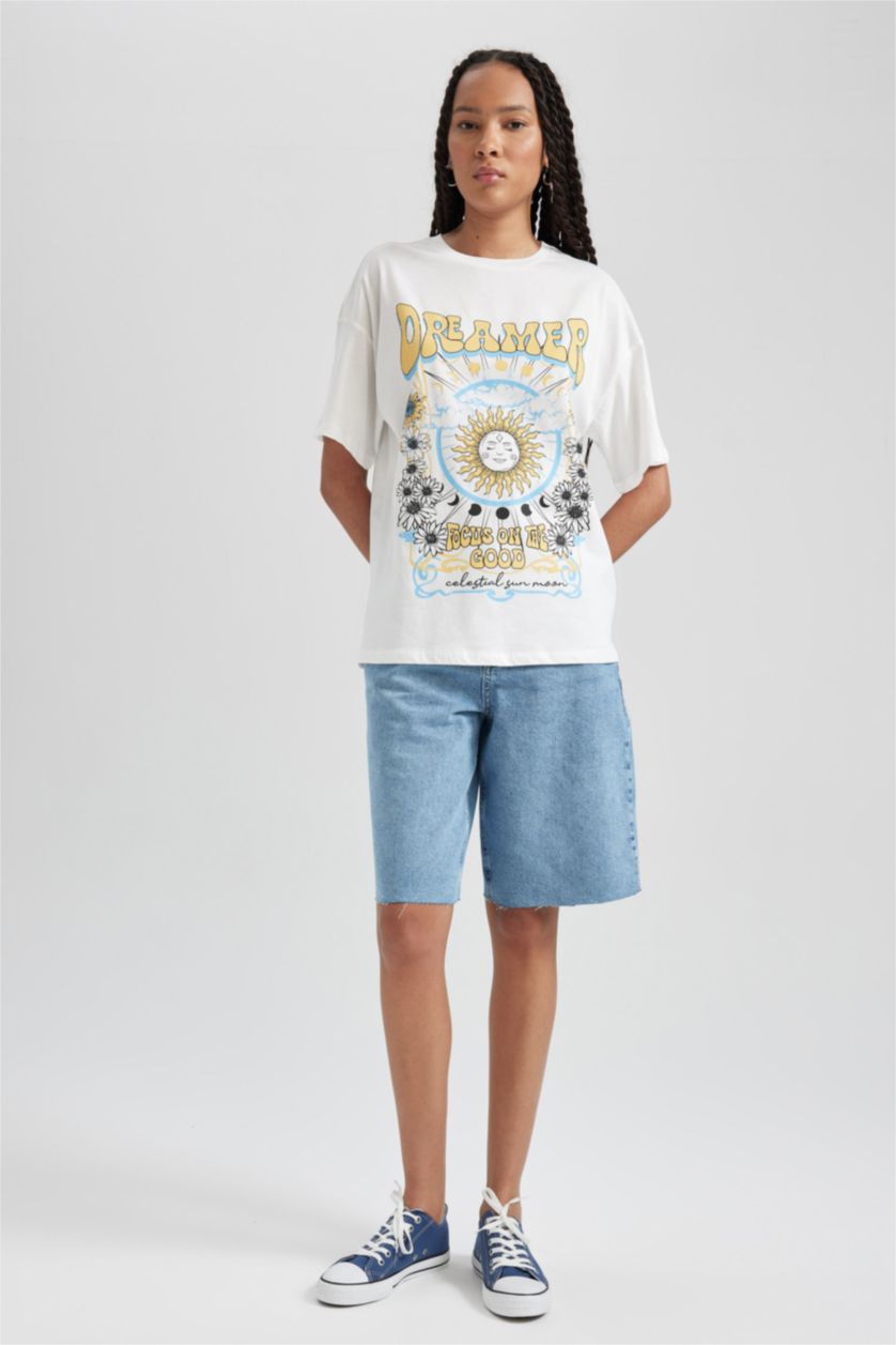 Kadın Kırık Beyaz Oversize Geniş Kalıp Bisiklet Yaka Baskılı Kısa Kollu %100 Pamuk Tişört