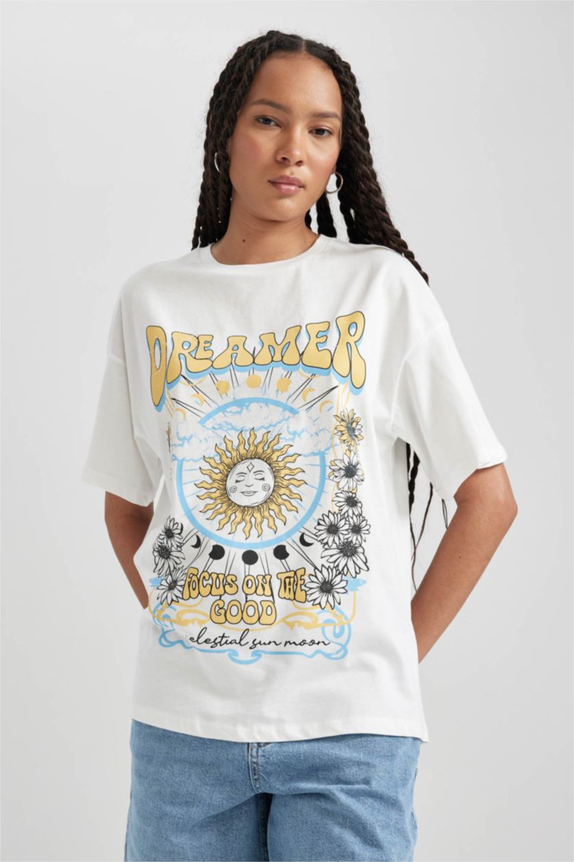 Kadın Kırık Beyaz Oversize Geniş Kalıp Bisiklet Yaka Baskılı Kısa Kollu %100 Pamuk Tişört